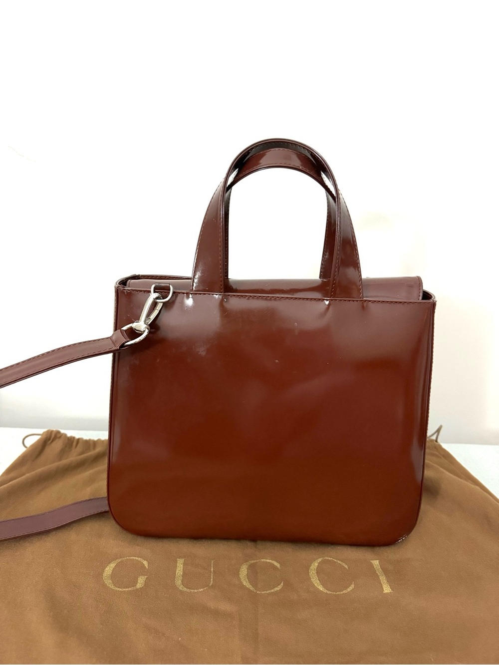 Authentic Gucci Glossy Brown Patent Leather Satchel with Double G Emboss - Picture 2 of 16